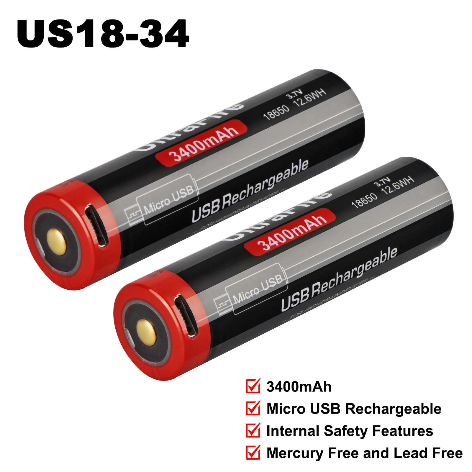 18650 3400mAh 3.7V Rechargeable Micro-USB Battery (2-Pack)