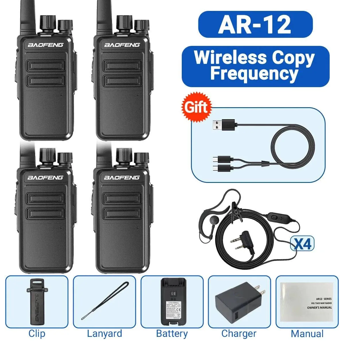 2/4 PCS Baofeng AR-12 Mini Walkie Talkie Wireless Copy Frequency UHF Type-C Long Range Ham Two Way Radio For Hunting Camping