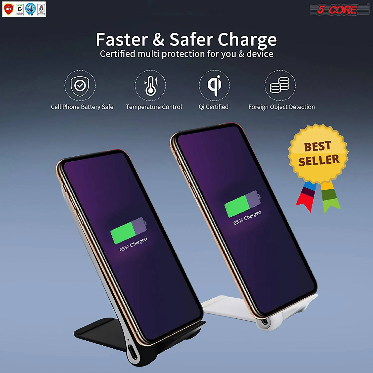 5 Core Wireless Fast Charge Stand Black & White Pair Dock Phone