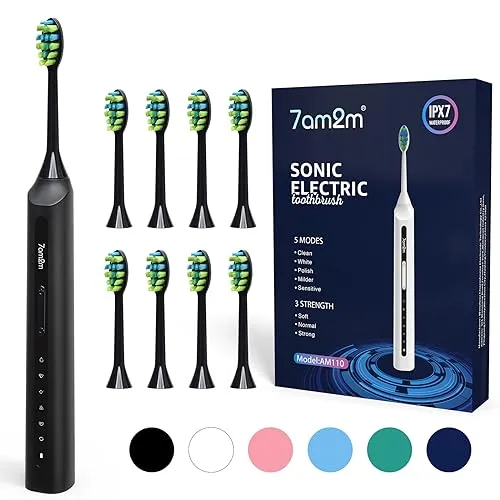 7AM2M Sonic Electric Toothbrush, High Power Rechargeable Toothbrushes, with 8 Brush Heads for Adults and Kids, 15 Adjustable Modes, Built-in 2-Minute Smart Timer, 4 Hours Fast Charge(Black)