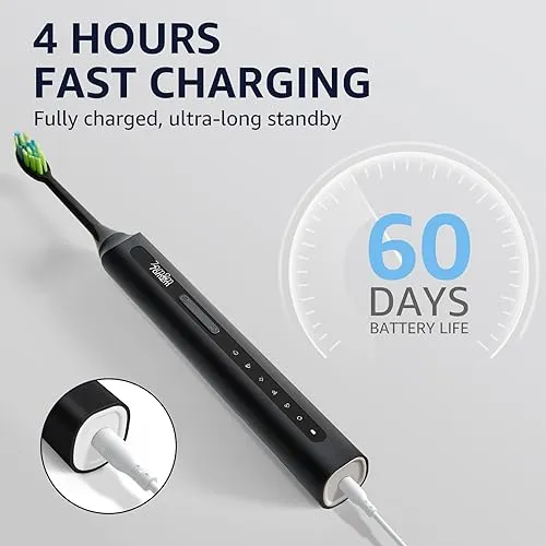 7AM2M Sonic Electric Toothbrush, High Power Rechargeable Toothbrushes, with 8 Brush Heads for Adults and Kids, 15 Adjustable Modes, Built-in 2-Minute Smart Timer, 4 Hours Fast Charge(Black)