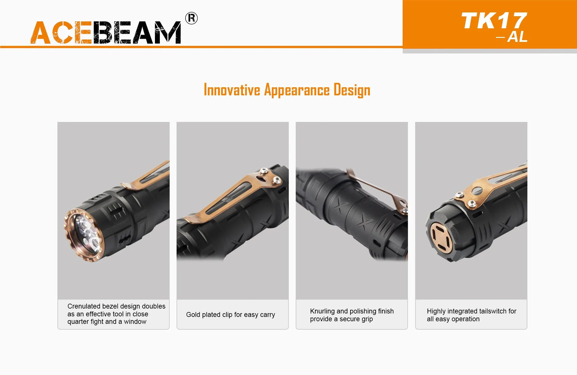 Acebeam TK17-AL Compact Flashlight / 1 x 18340 Micro USB Rechargeable Battery (Included)