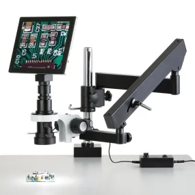 AmScope H800 Series Zoom Digital Inspection Monocular Stereo Microscope 0.7X-5X Magnification on Articulating Arm with Pillar, LED Ring Light and 9.7" Touchscreen Imaging System