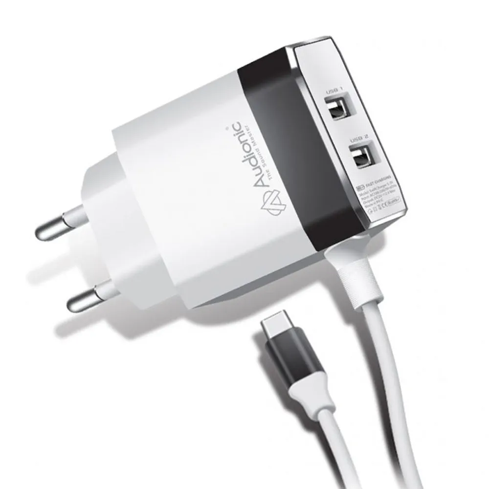 Audionic Type C Android Double USB Port Charger - White