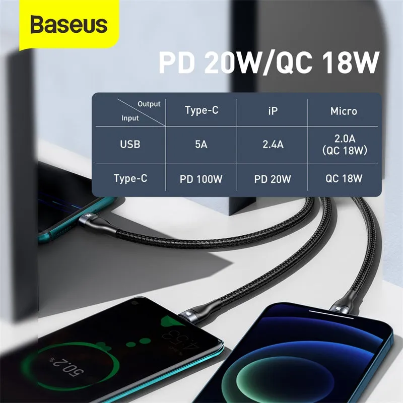 Baseus 3in1 USB / USB Type C - USB Type C / Lightning / Micro USB Cable (5 A - 100 W / 20 W / 18 W) 1.2 m Power Delivery Quick Charge (CA2T3-G1)