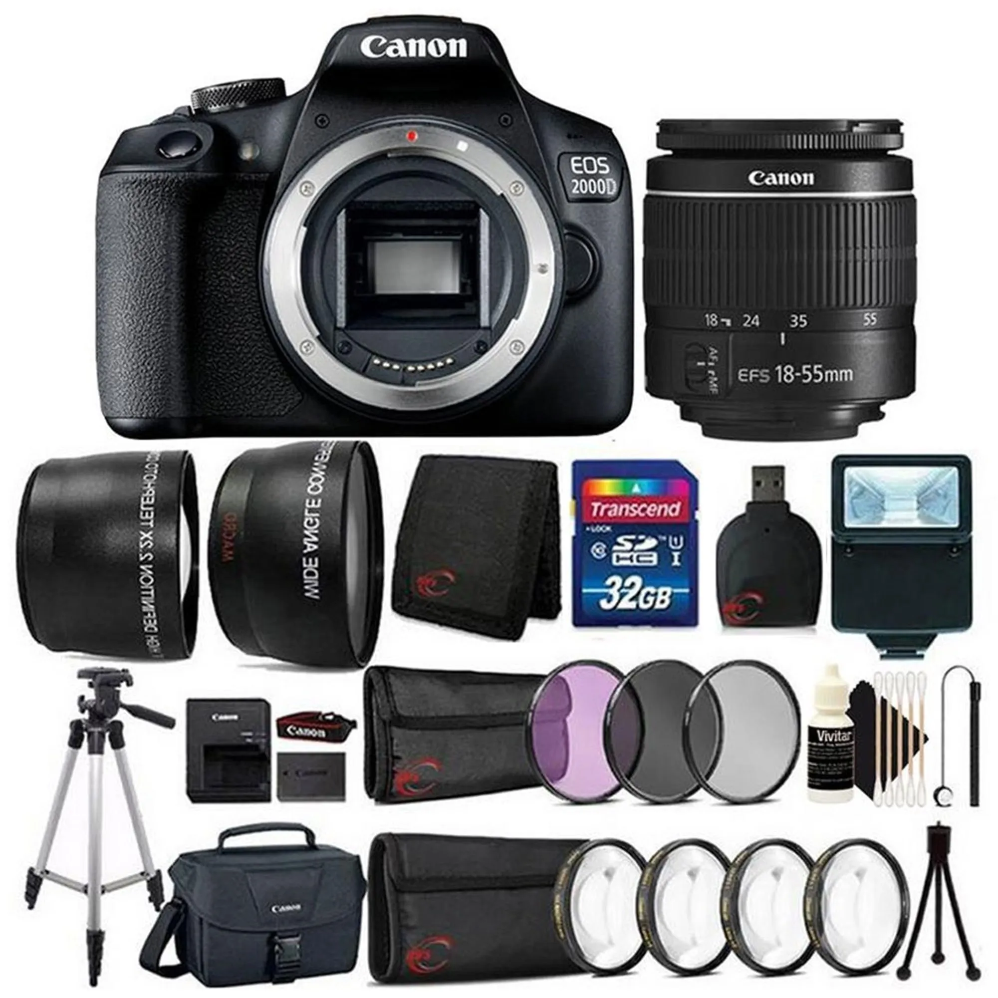 Canon EOS 2000D / Rebel T7 24.1MP Digital SLR Camera   18-55mm Lens   32GB Accessory Bundle