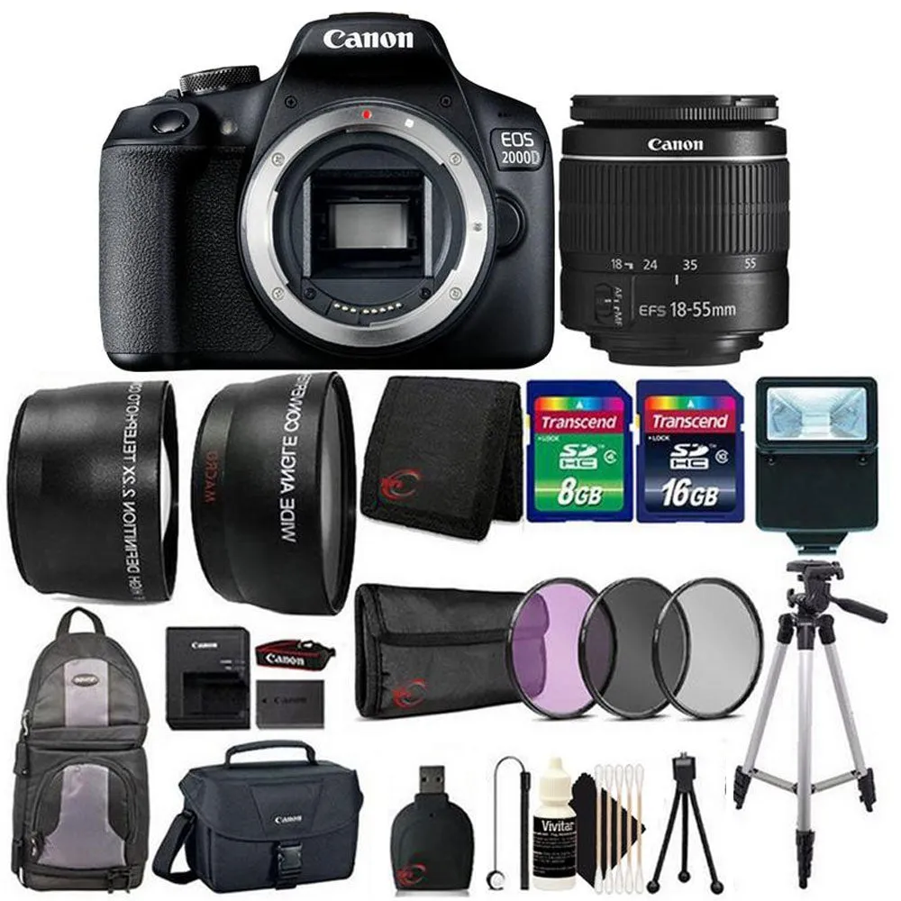 Canon EOS 2000D / Rebel T7 24.1MP Digital SLR Camera   18-55mm Lens, Backpack, Canon Case   Bundle