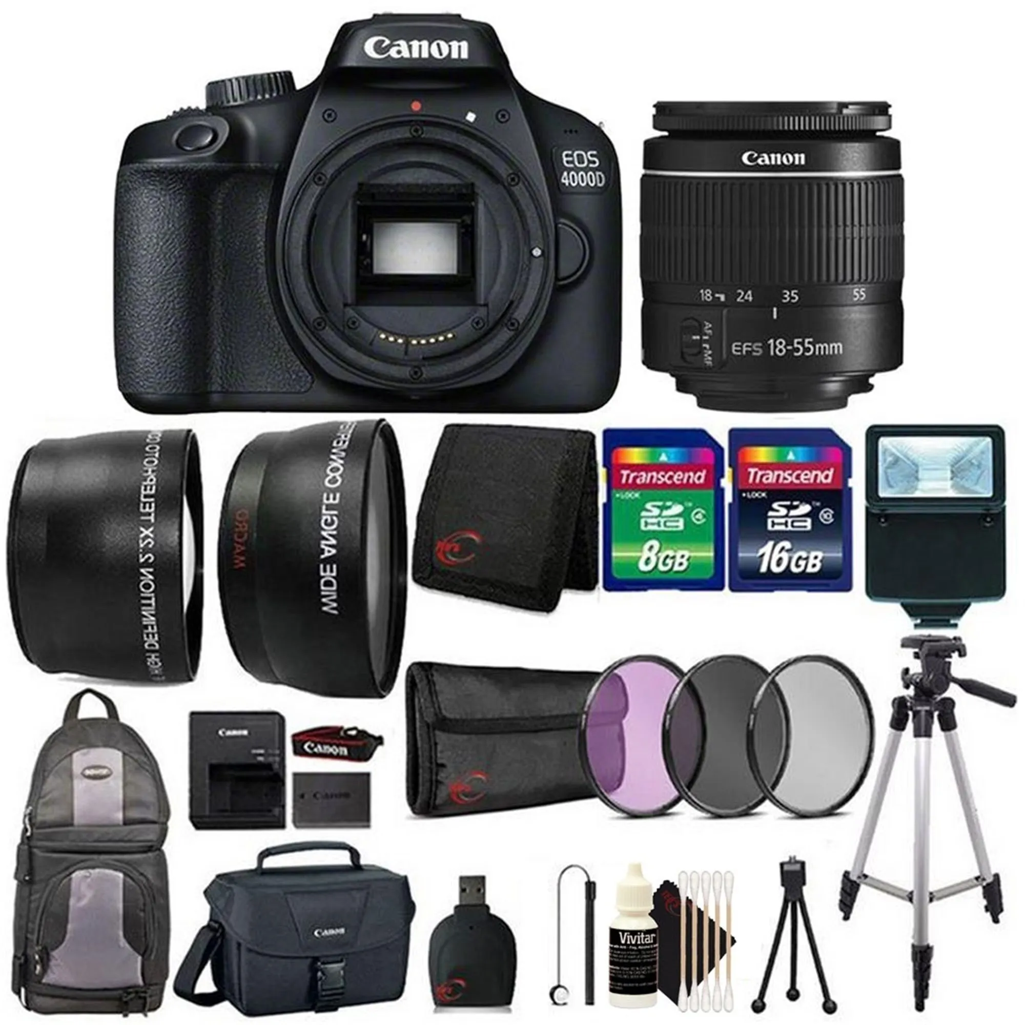 Canon EOS 4000D 18MP Digital SLR Camera   18-55mm lens   24GB Memory Card   58mm Telephoto & Wide Angle Lens  3pc FilterKit  Card Wallet   Card Reader   SlaveFlash   Backpack  Case  CleaningKit   Mini Tripod