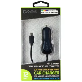 Cellet Car Charger (2.4A) with 4FT Micro USB Cable   Extra USB Port - Black