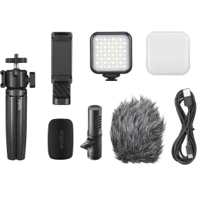 [CLEARANCE] Godox VK2-AX Vlog Kit with Microphone (3.5mm Connector), Bi-color LED Light, Smartphone Clamp, Mini Tripod, Foam/Furry Windscreen, Diffuser for Vlogging Livestream Recording