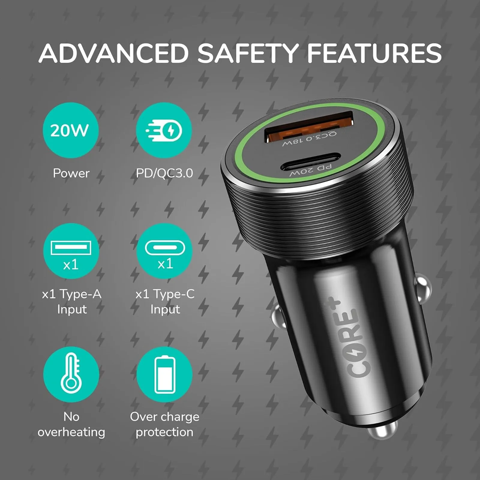 Core   USB C & A In-Car Phone Charger Adapter