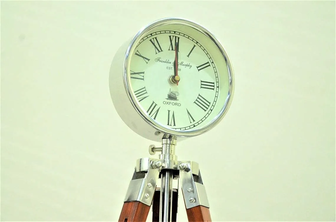 Designer Chrome Clock with Adjustable Brown Wooden Tripod | Handmade Stylish Timepiece for Home and Office Decor