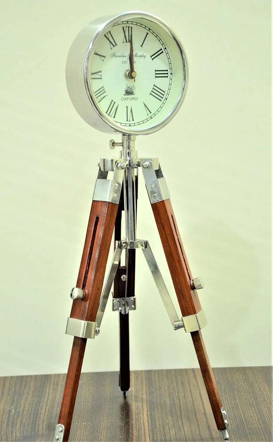 Designer Chrome Clock with Adjustable Brown Wooden Tripod | Handmade Stylish Timepiece for Home and Office Decor