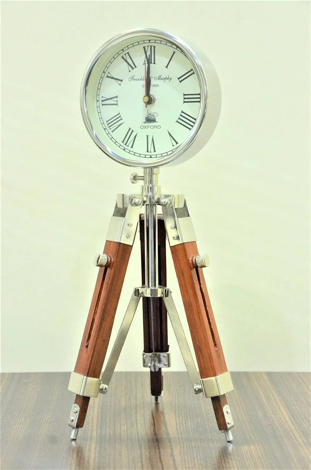 Designer Chrome Clock with Adjustable Brown Wooden Tripod | Handmade Stylish Timepiece for Home and Office Decor