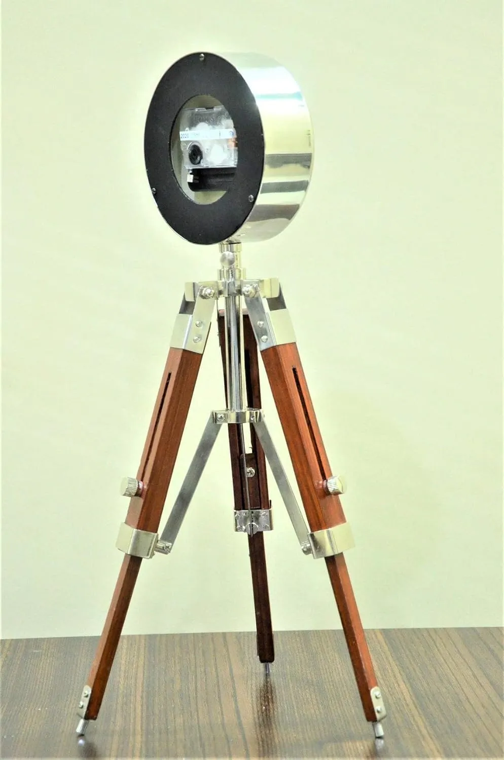 Designer Chrome Clock with Adjustable Brown Wooden Tripod | Handmade Stylish Timepiece for Home and Office Decor