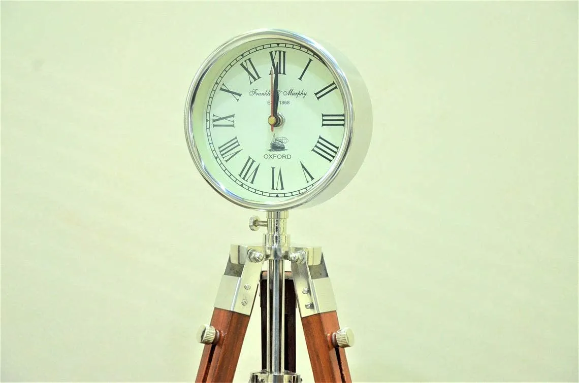 Designer Chrome Clock with Adjustable Brown Wooden Tripod | Handmade Stylish Timepiece for Home and Office Decor