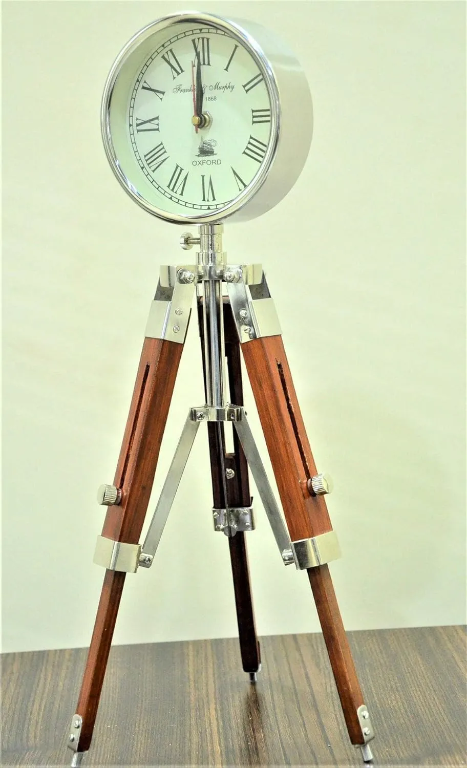 Designer Chrome Clock with Adjustable Brown Wooden Tripod | Handmade Stylish Timepiece for Home and Office Decor