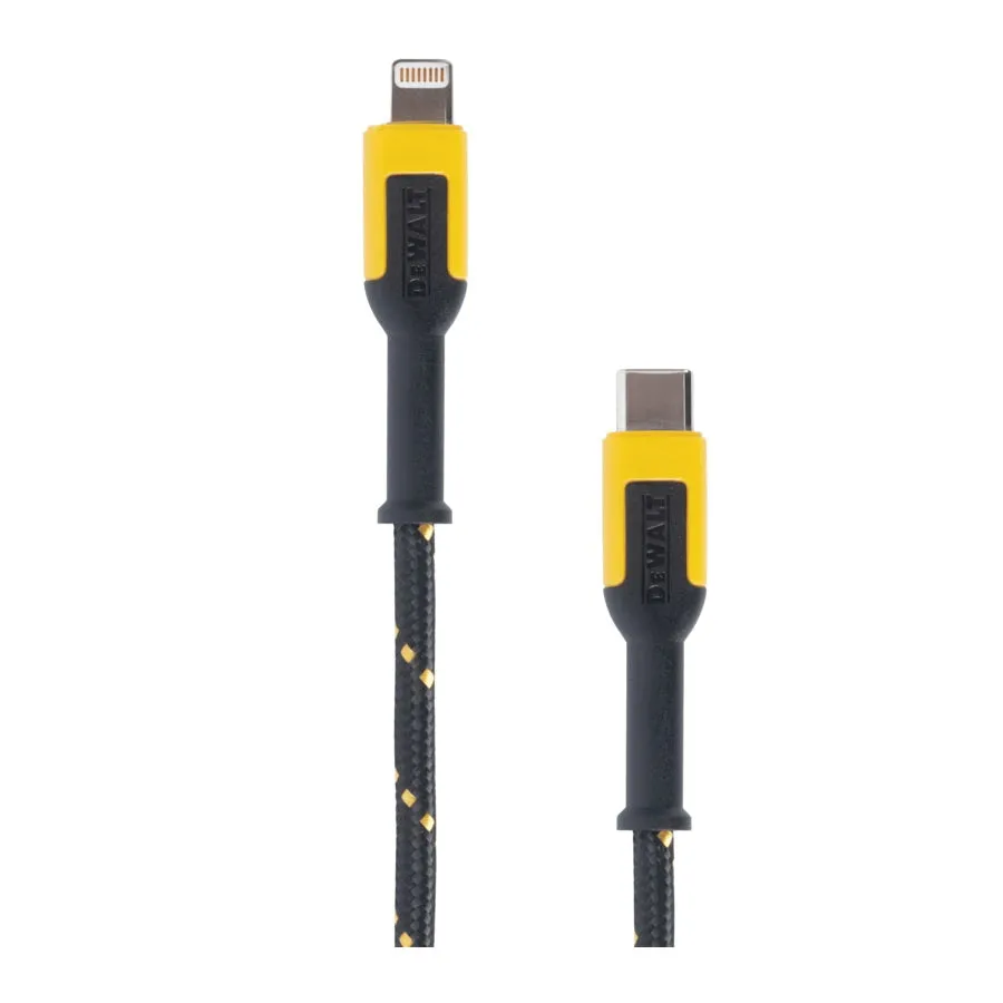 DeWALT 131 1357 DW2 Charger Cable, iOS, USB-C, Kevlar Fiber Sheath, Black/Yellow Sheath, 4 ft L