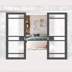 Double Sliding Door & Premium Wall Track - Eco-Urban® Sheffield 5 Pane Doors DD6312SG - Frosted Glass - 6 Colour Options