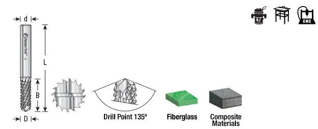 Drill Point Fiberglass & Composite Cutting CNC Router Bit | 135° 1⁄4 Dia x 3⁄4 x 1⁄4 Shank | 48001 | 738685480014