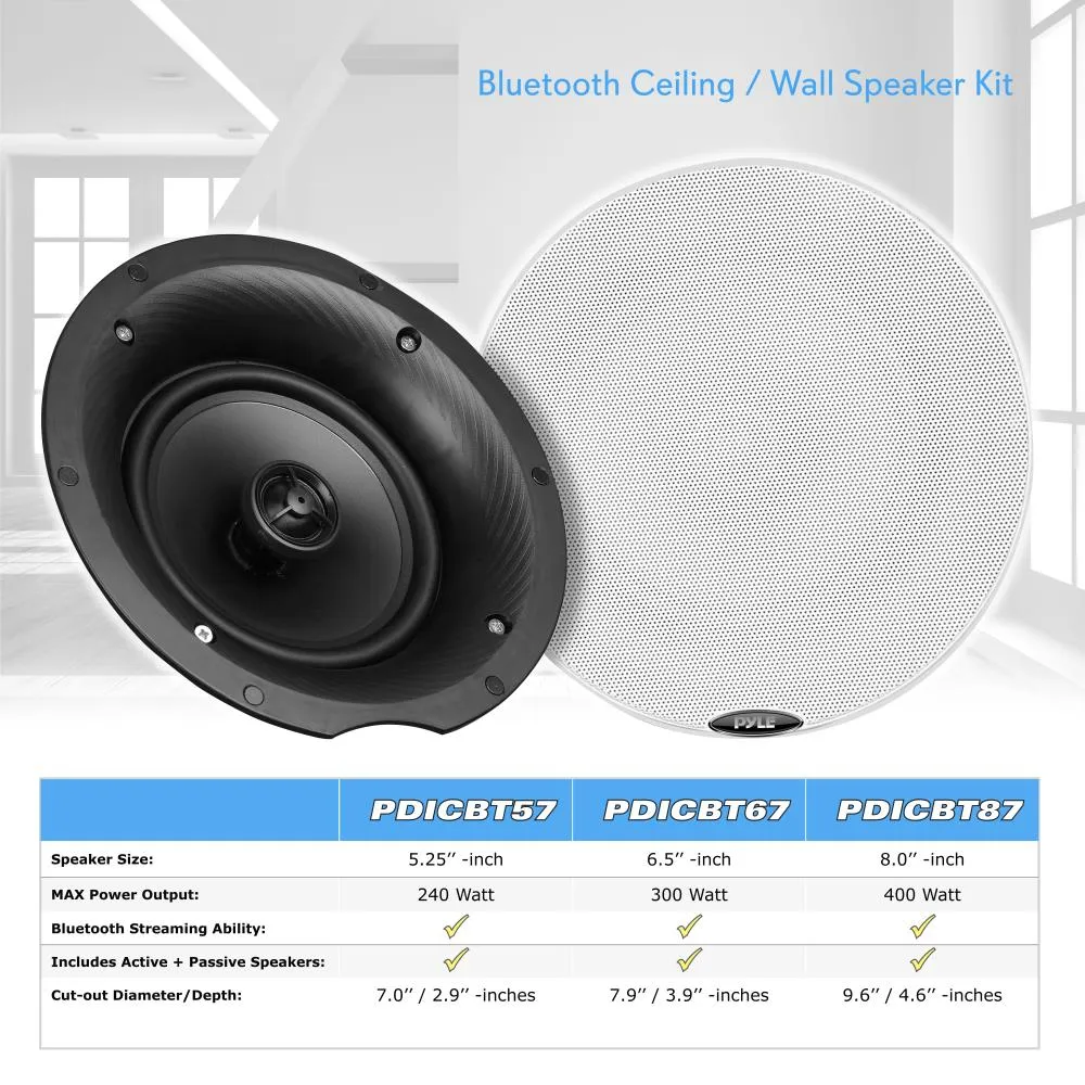 Dual 8.0’’ Bluetooth Ceiling / Wall Speaker Kit, (2) Flush Mount 2-Way Speakers, 400 Watt