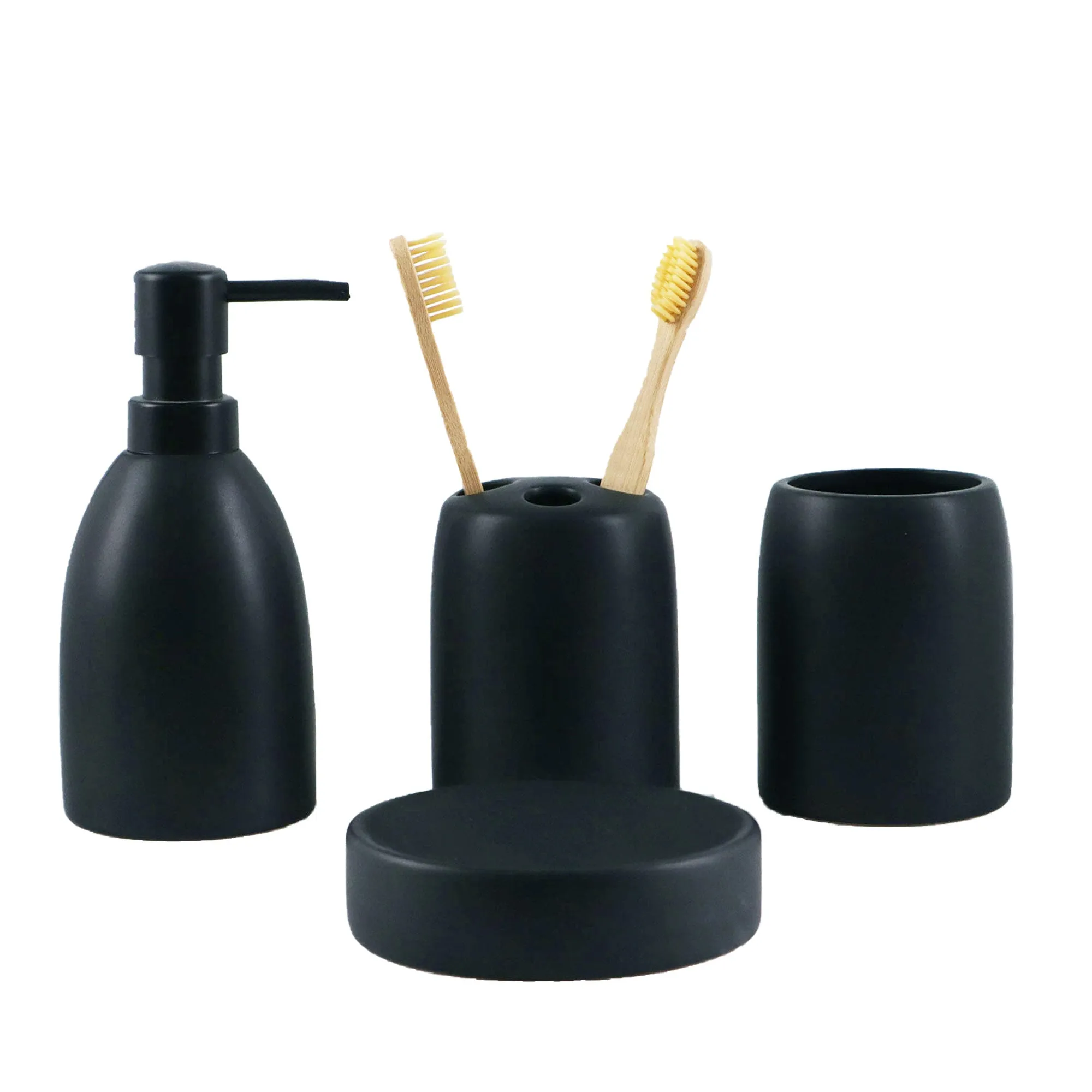 Home Basics 4 Pieces Ceramic Bathroom Set, Matte Black Obsidian