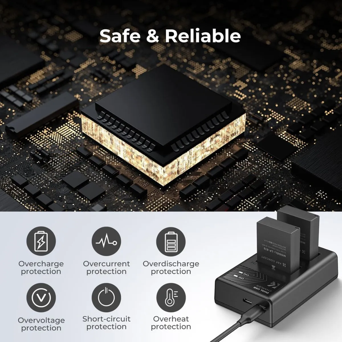 K&F Concept (2-Pack) LP-E12 LPE12 Battery and Dual USB Charger Kit for Canon M2 M200 M50 M100 M10 100D Camera with Micro USB and Type C Port