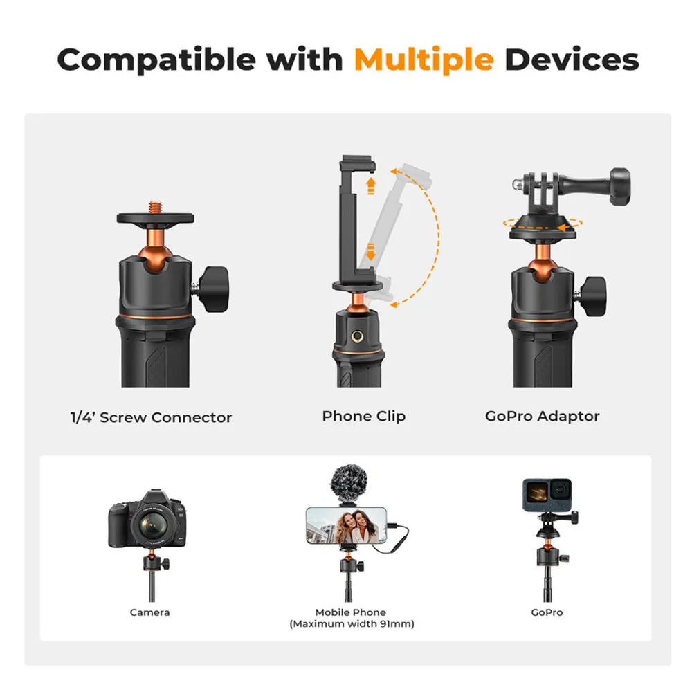 K&F Concept MS11 3 in 1   Remote 23.6" Selfie Stick   Desktop Tripod with 360 Degree Ball Head, 2kg Max Load Capacity, 1/4" Top Threads and 10m Wireless Control Distance