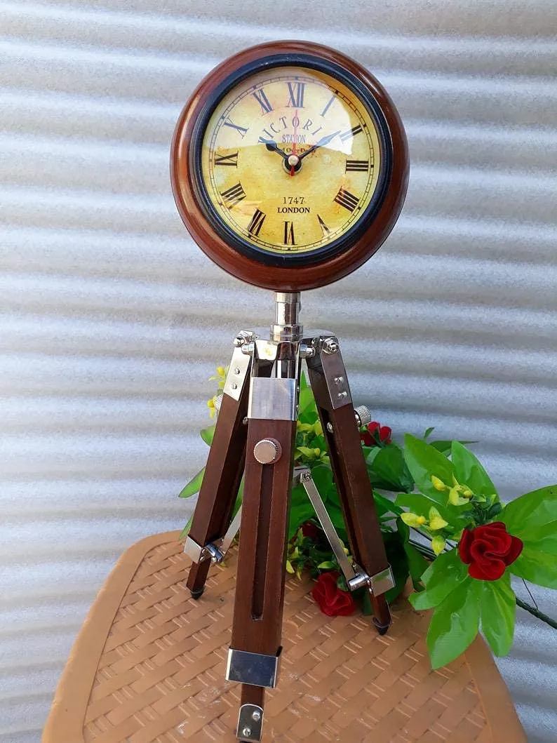 K.K Handicraft Wooden Victoria Table Clock with Adjustable Wooden Tripod Stand (Brown)