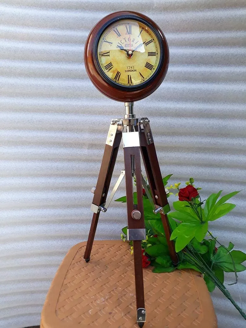 K.K Handicraft Wooden Victoria Table Clock with Adjustable Wooden Tripod Stand (Brown)