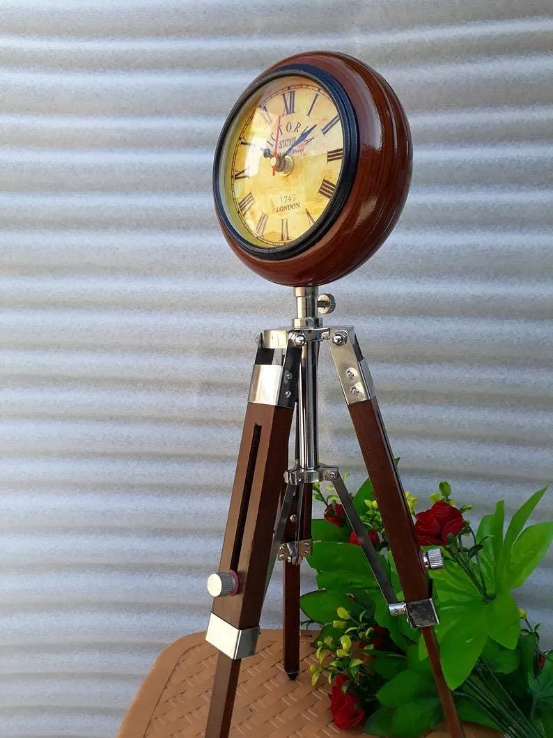 K.K Handicraft Wooden Victoria Table Clock with Adjustable Wooden Tripod Stand (Brown)