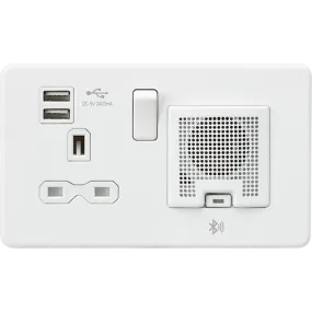 Knightsbridge Screwless 13A 1 Gang Switched Speaker Socket USB Matt White