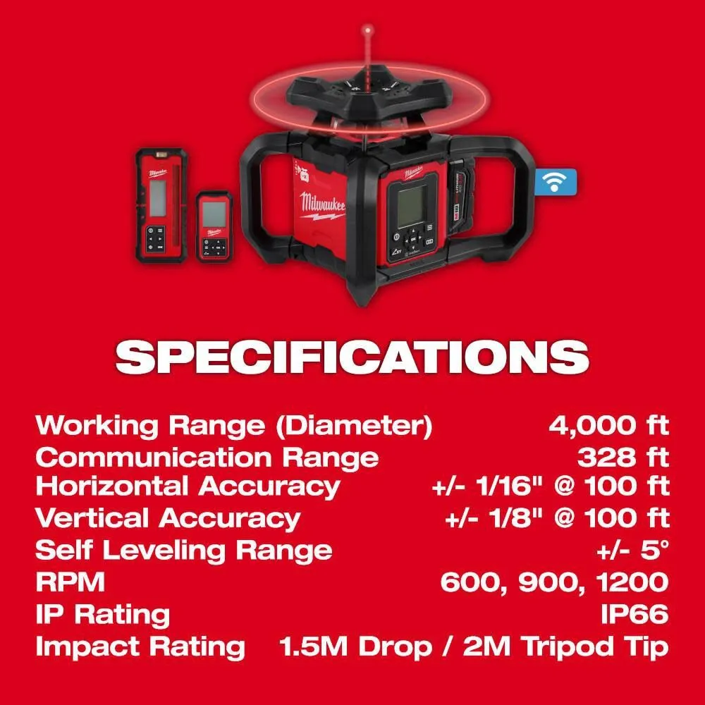 Milwaukee 3704-21T M18 Red Exterior Dual Slope Rotary Laser Level Kit w/ Receiver, Remote, Grade Rod & Tripod