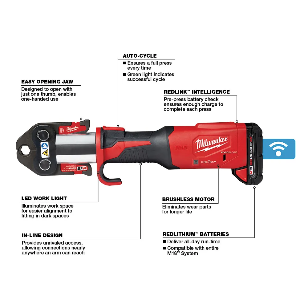 Milwaukee M18 Force Logic Press Tool with One-Key with 1/2"-2" Cts Jaws