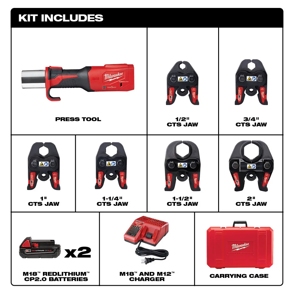 Milwaukee M18 Force Logic Press Tool with One-Key with 1/2"-2" Cts Jaws