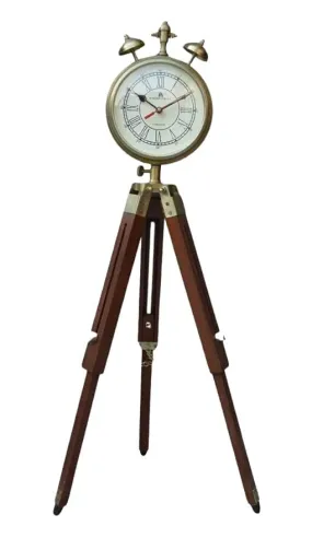 Noor Collection - Wooden and Brass Antique Metal Tripod Floor Analog Clock with Stand Two Bell Prop Roman Number for Home Living Room Hall & Office Décor Handicraft Gifts Item