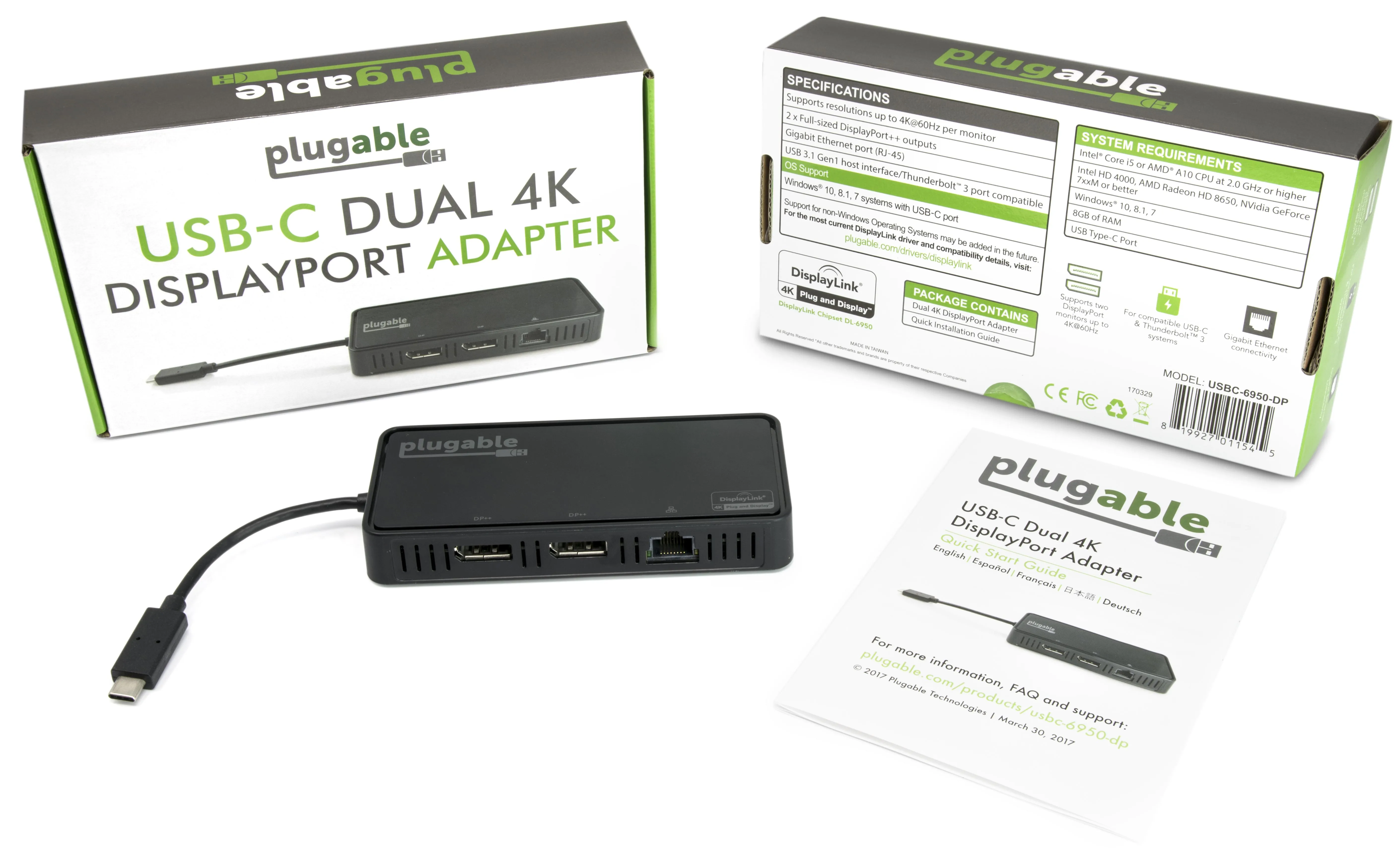 Plugable USB Type-C Dual 4K DisplayPort and Gigabit Ethernet Adapter