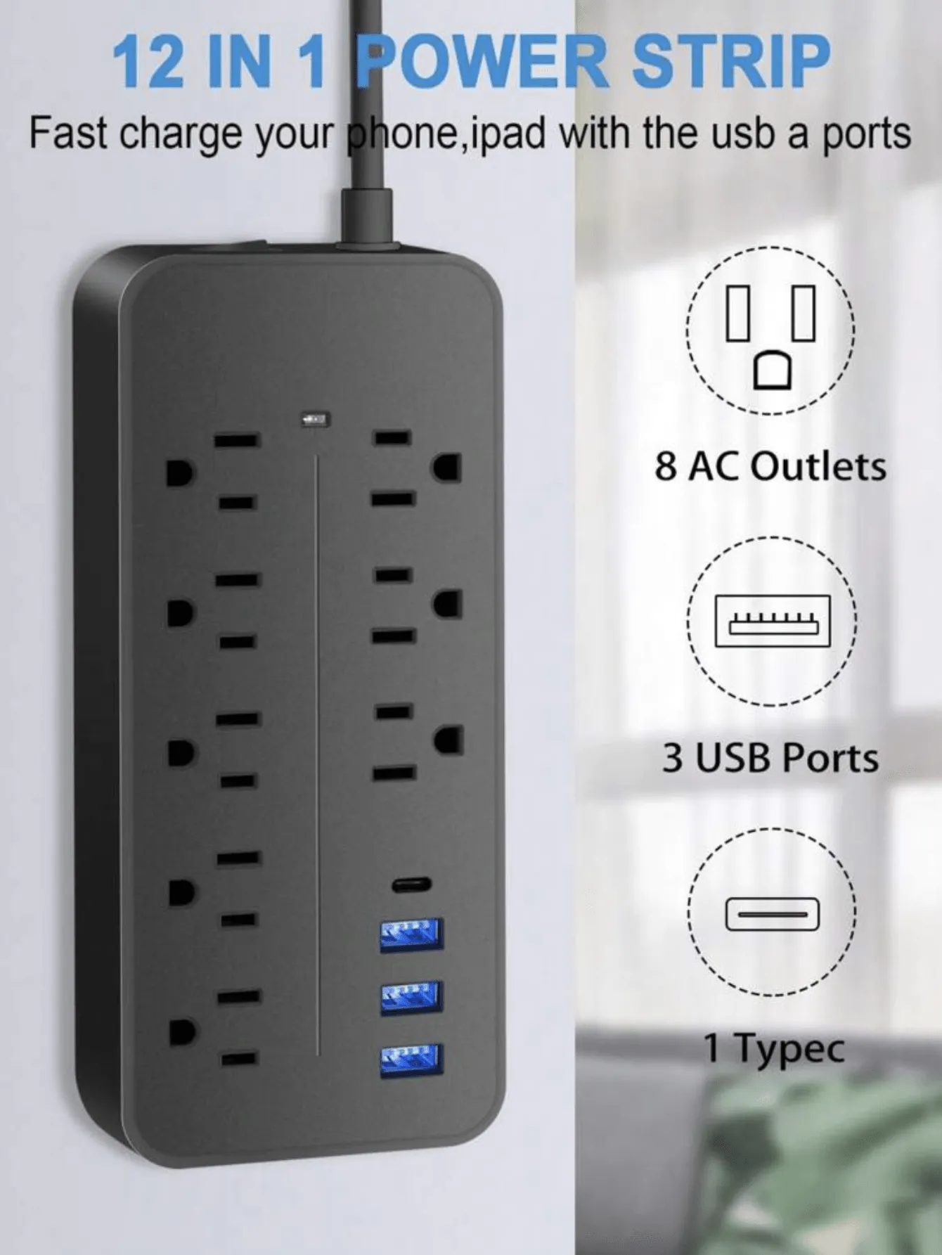 Power Strip - Flat Plug Extension Cord with 8 Outlets and 3 USB Ports