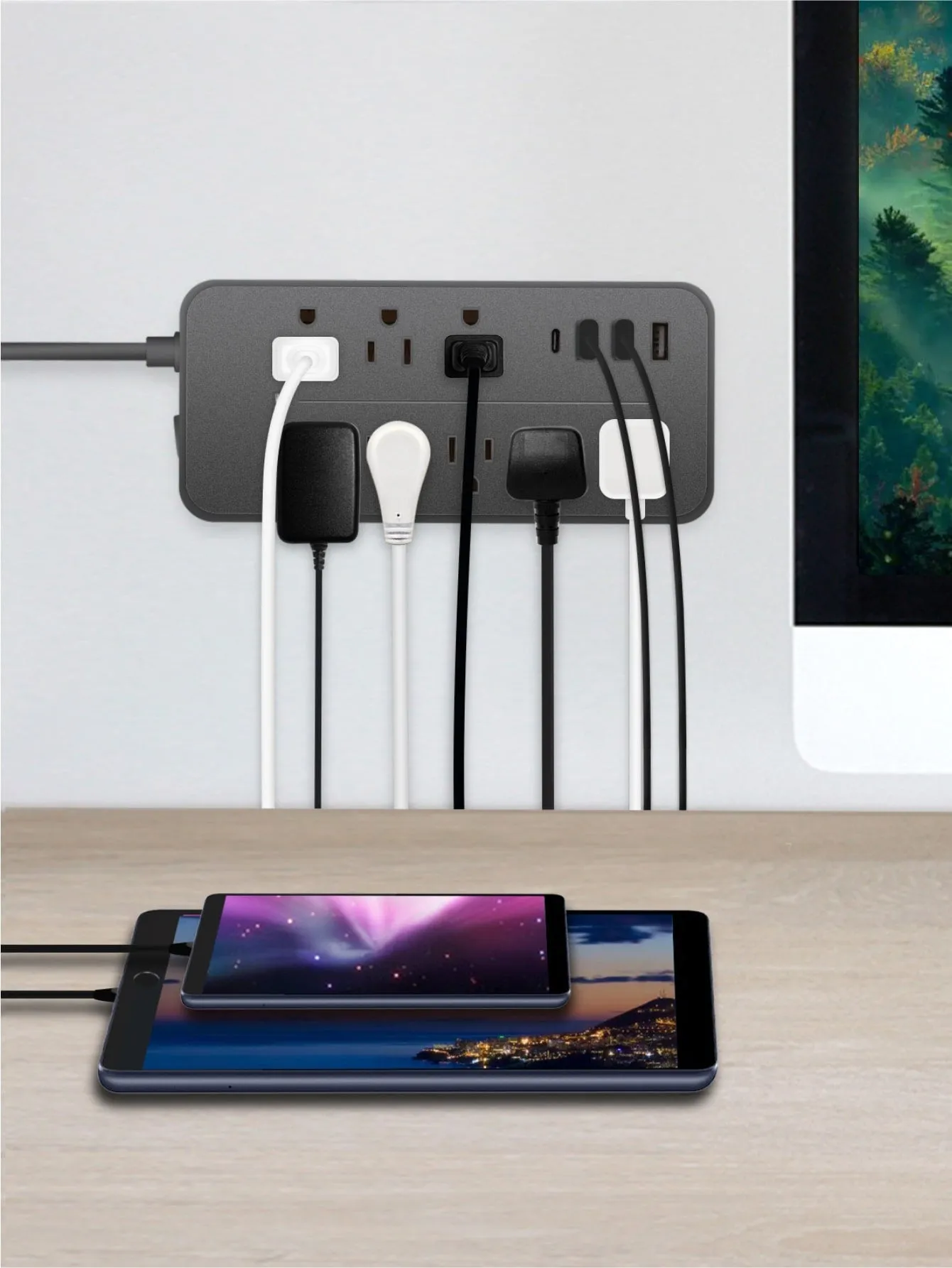 Power Strip - Flat Plug Extension Cord with 8 Outlets and 3 USB Ports