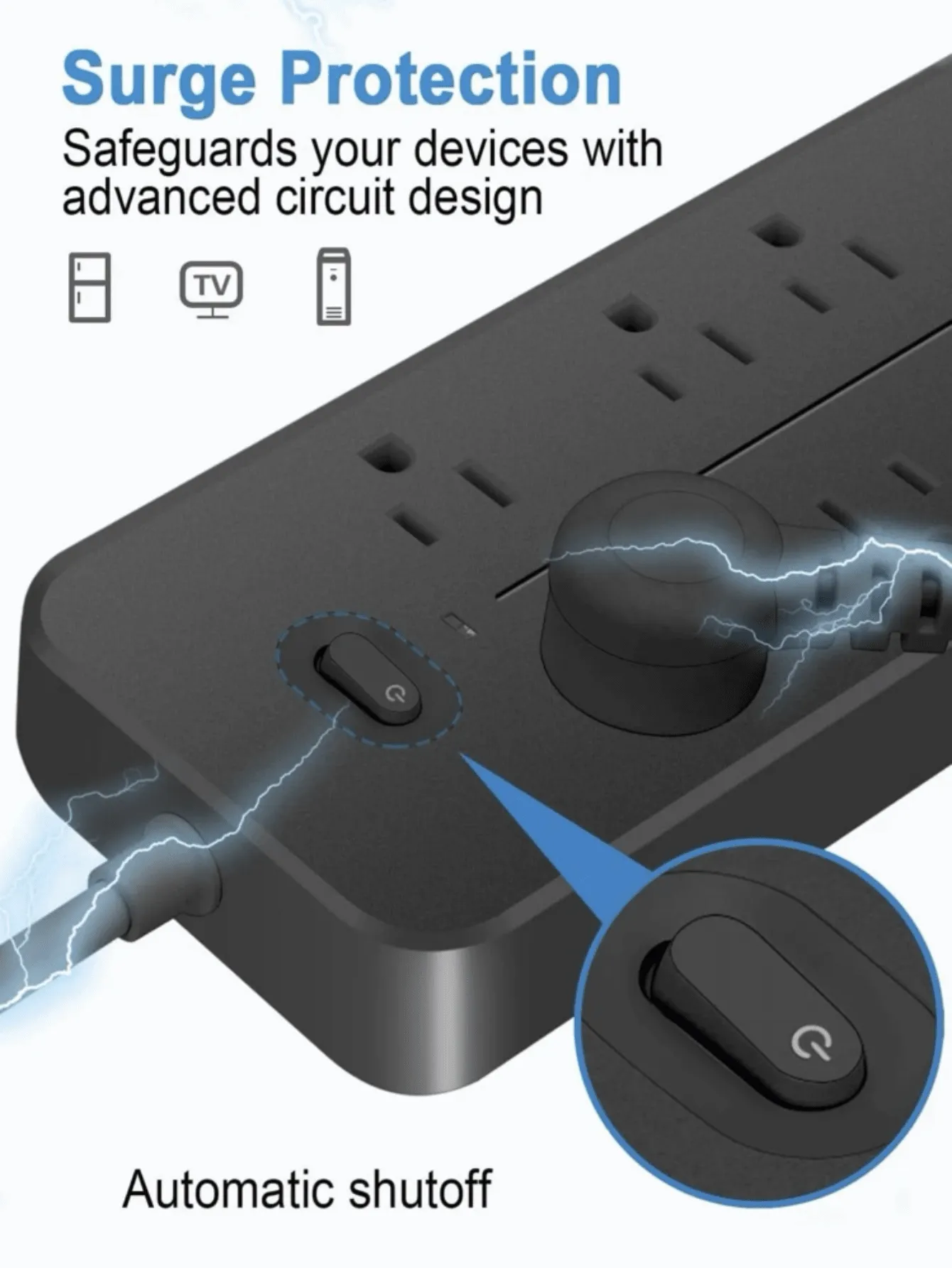 Power Strip - Flat Plug Extension Cord with 8 Outlets and 3 USB Ports