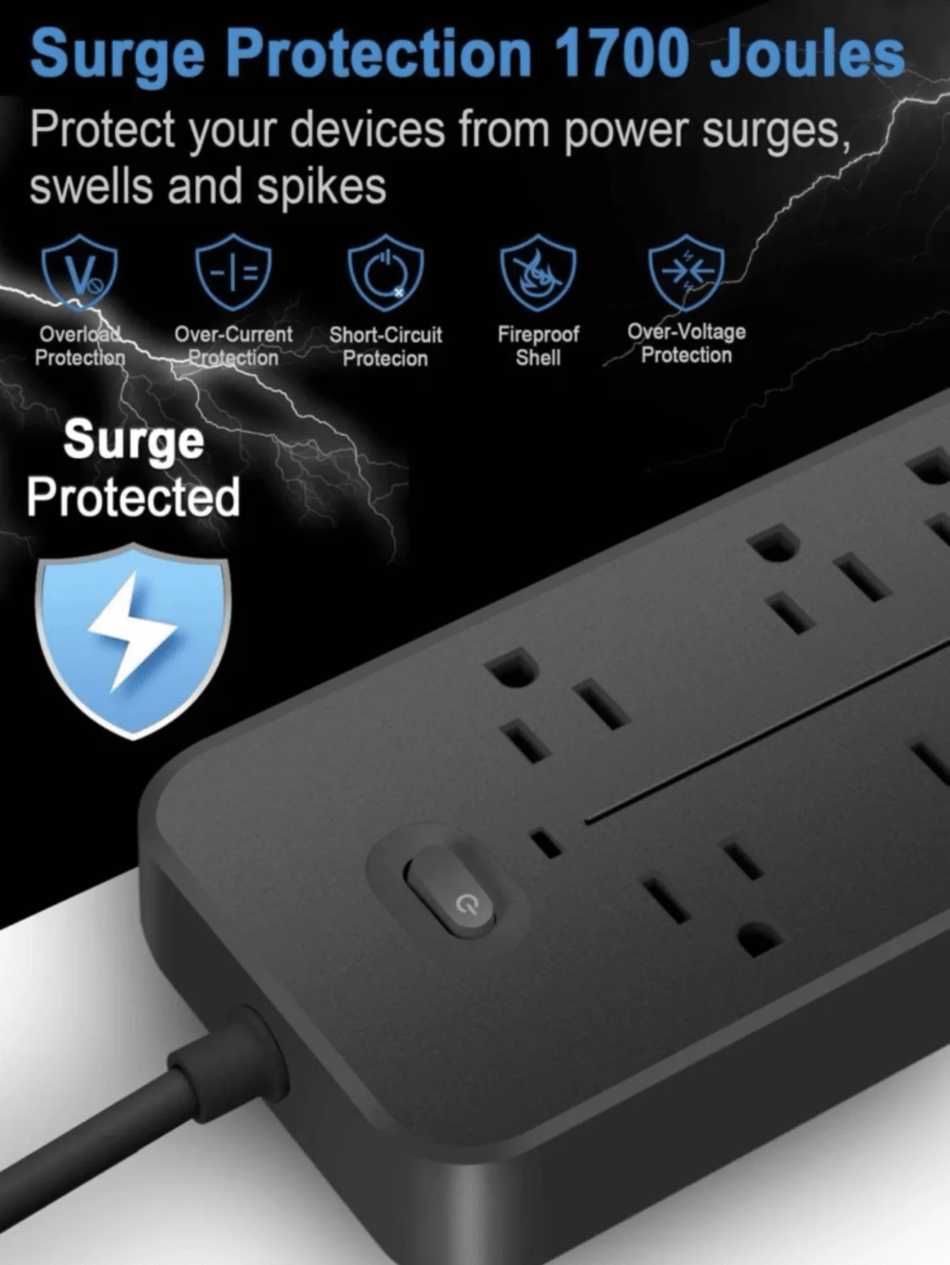 Power Strip - Flat Plug Extension Cord with 8 Outlets and 3 USB Ports