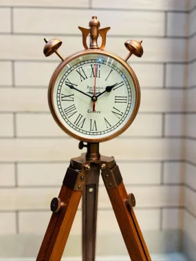 Q.S.P Vintage Tripod Clock with Roman Numerals – Antique Wooden Stand Table Clock Two Bell Clock Copper Finish