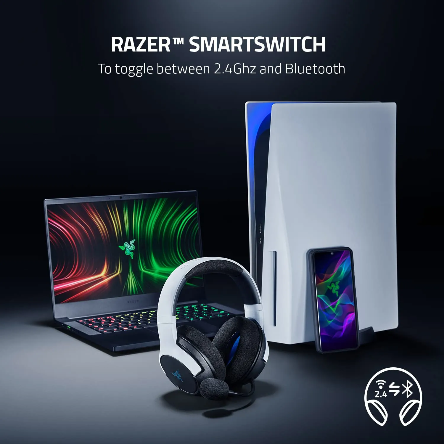 Razer Headset Kaira Dual Wireless Playstation 5 Headset for Console and Mobile Gaming: Triforce 50mm Drivers - HyperClear Cardioid Mic - 2.4GHz and Bluetooth w/SmartSwitch - EQ Toggle - White/Black