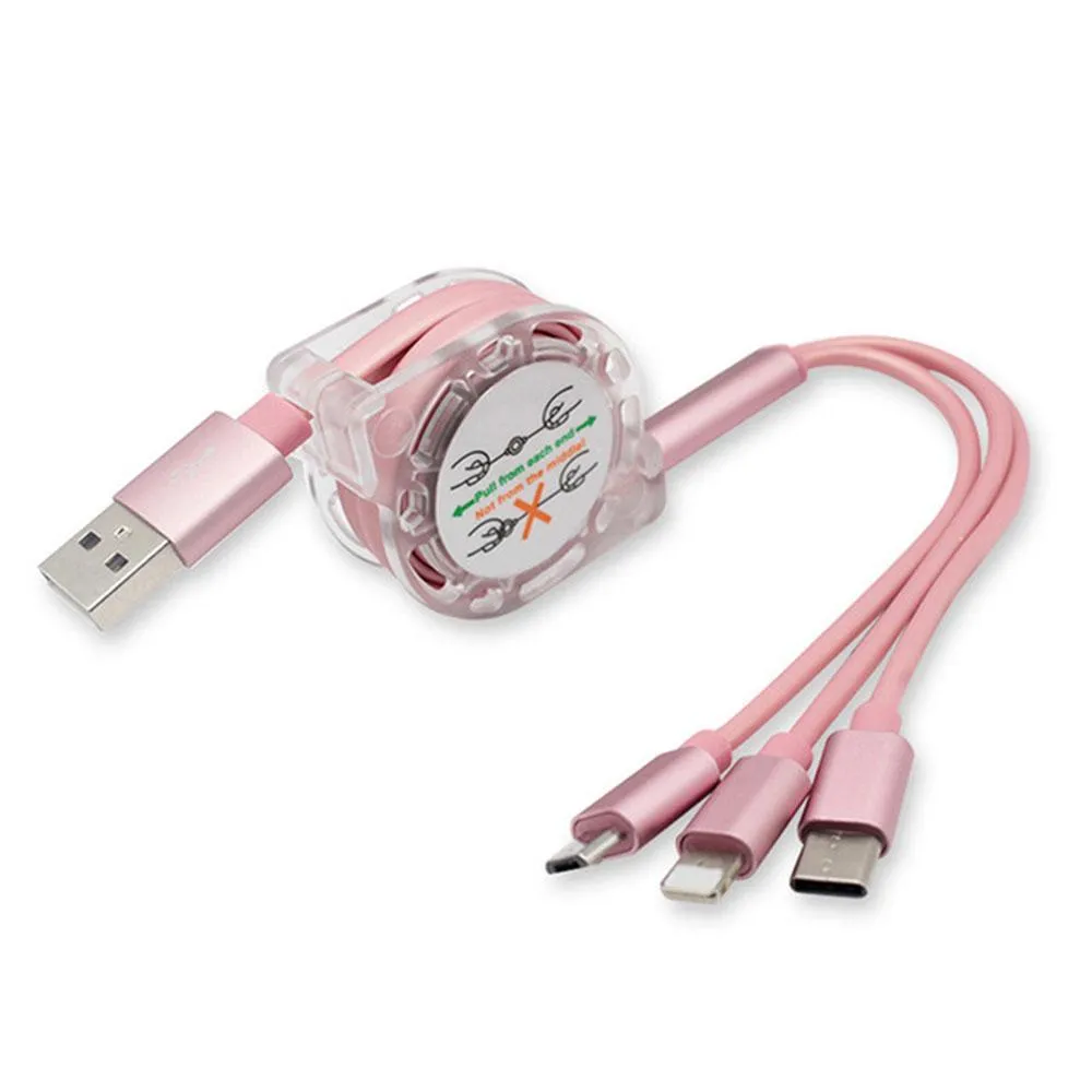 RETRACTABLE 3-in-1 USB Cable 1.2 Metres - Go Anywhere - Charge Anything - Store Away