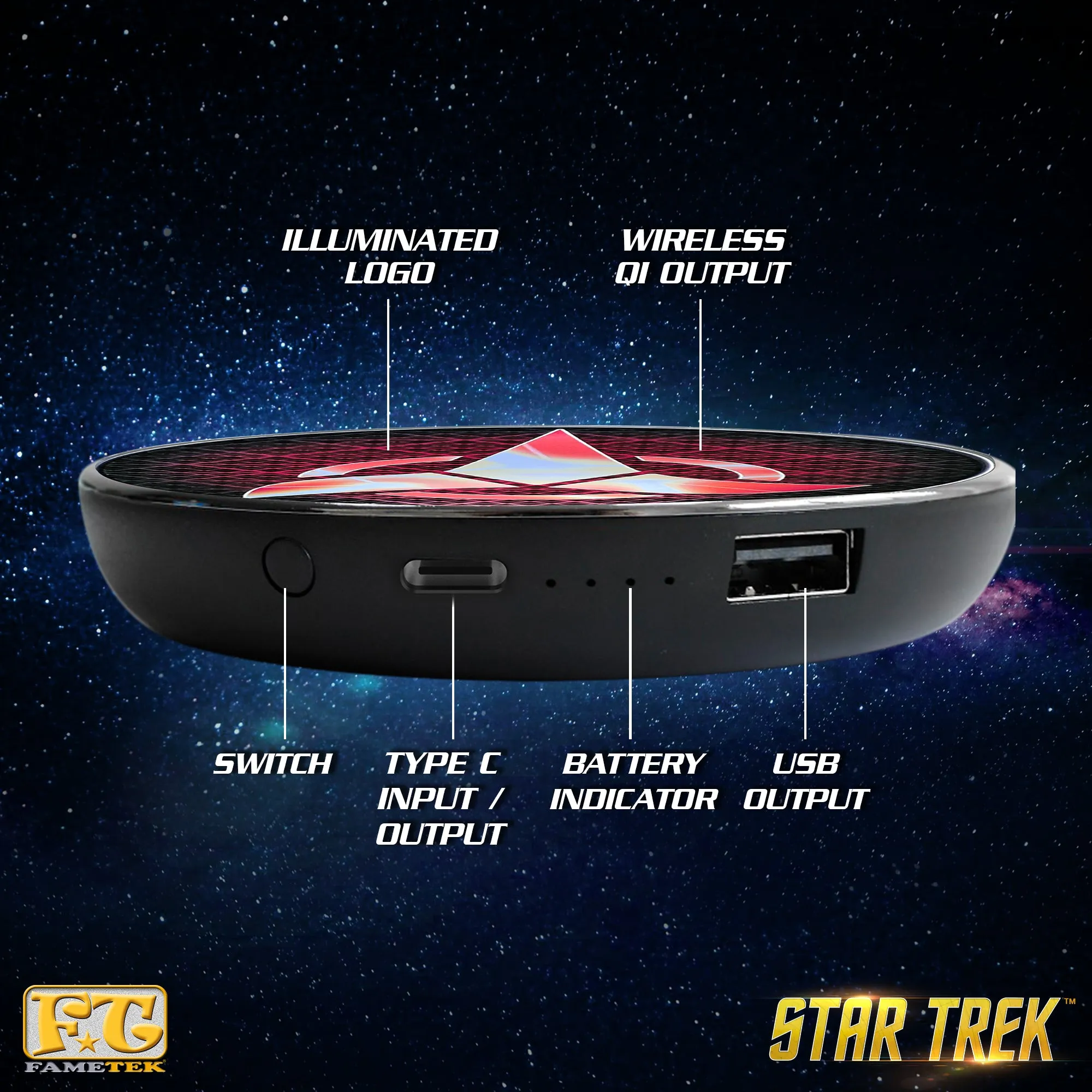 Star Trek Qi Wireless Charger With Illuminated Klingon Emblem & Built-In Power bank