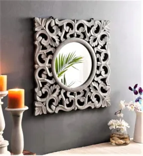 THE WOODEN SHOPPEE Handcarved Royal Mirror Frame | Wall Hanging for Living Room, Bedroom, Bathroom & Home Decor (Antique Gray Finish) 20 x 20 in / 50 x 50 cms ( Without Mirror )