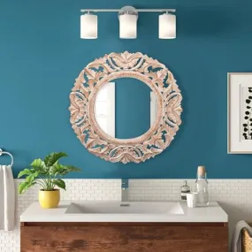 THE WOODEN SHOPPEE Wooden Handcrafted Royal Round Carved Wall Mirror Frame | Wall Hanging for Living Room,& Rest Room Solid Wood, Antique White Distress Finish Orignal (Without Mirror)