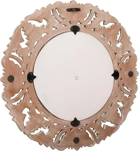 THE WOODEN SHOPPEE Wooden Handcrafted Royal Round Carved Wall Mirror Frame | Wall Hanging for Living Room,& Rest Room Solid Wood, Antique White Distress Finish Orignal (Without Mirror)