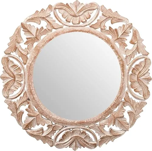 THE WOODEN SHOPPEE Wooden Handcrafted Royal Round Carved Wall Mirror Frame | Wall Hanging for Living Room,& Rest Room Solid Wood, Antique White Distress Finish Orignal (Without Mirror)