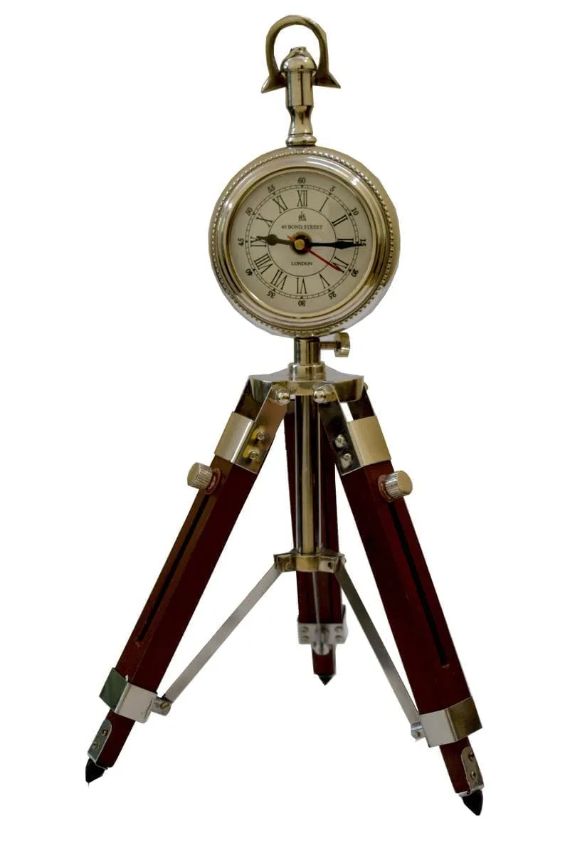 WinMart Nautical_Wooden Tripod Table Stand Clock Steel Finish Antique Look Stylish Roman Clock for Home Living Room Luxury